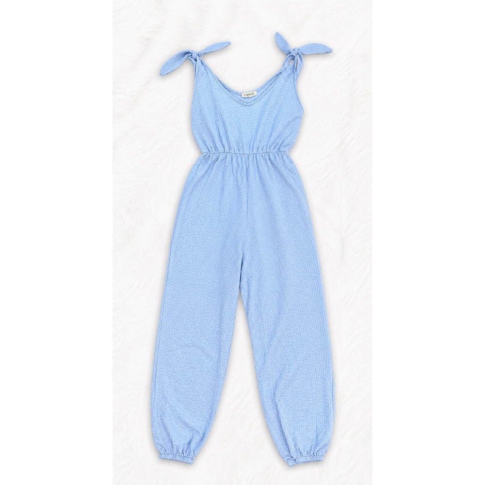 Rolla Coster Blue Textured Tie Strap Jumpsuit Small Soft Stretch Lounge Coastal